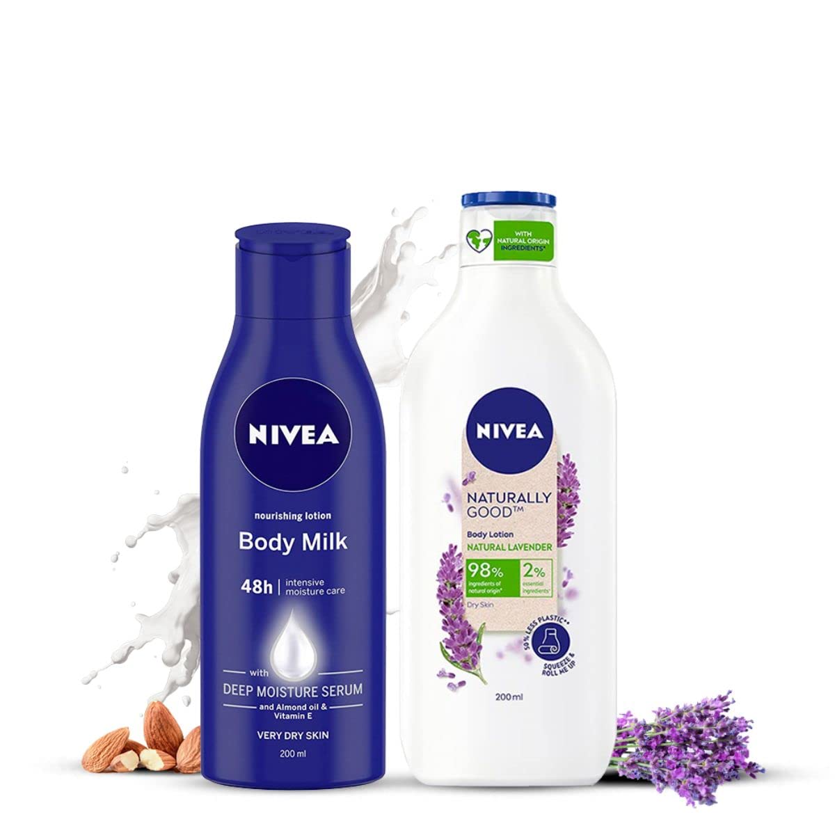 NIVEA Nourishing Lotion Body Milk, 200ml and NIVEA Naturally Good, Natural Lavender Body Lotion, 200 ml