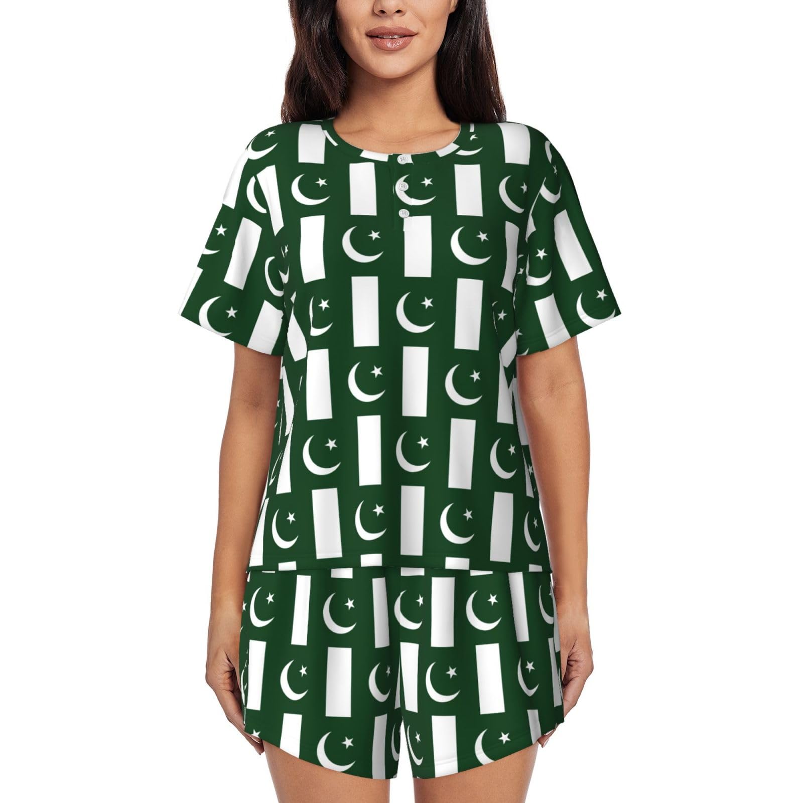 TBABMDPDM Flag of Pakistan Print Womens Pajama Sets 2 Piece Short Sleeve Top and Shorts Sleepwear Pjs Lounge Set, Black, XL
