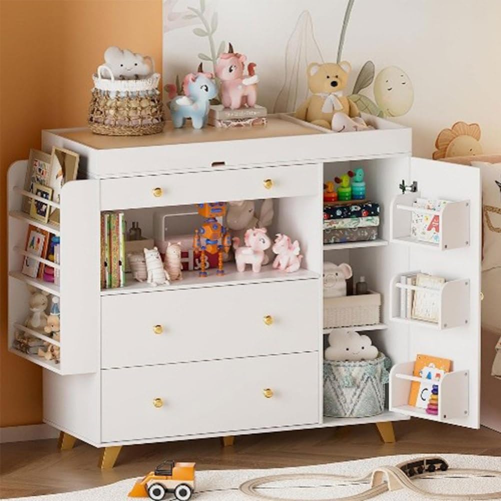 Changing Table Modern Dresser, Dresser for Nursery with 3 Drawers & Shelves, Waterproof Diaper Changing Station Small Basin& Trash Bin,Mobile Nursery Organizer