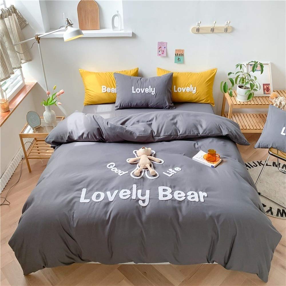 Parure de lit 4 pièces en coton délavé gris 200x230 cm avec housse de couette ours brodé