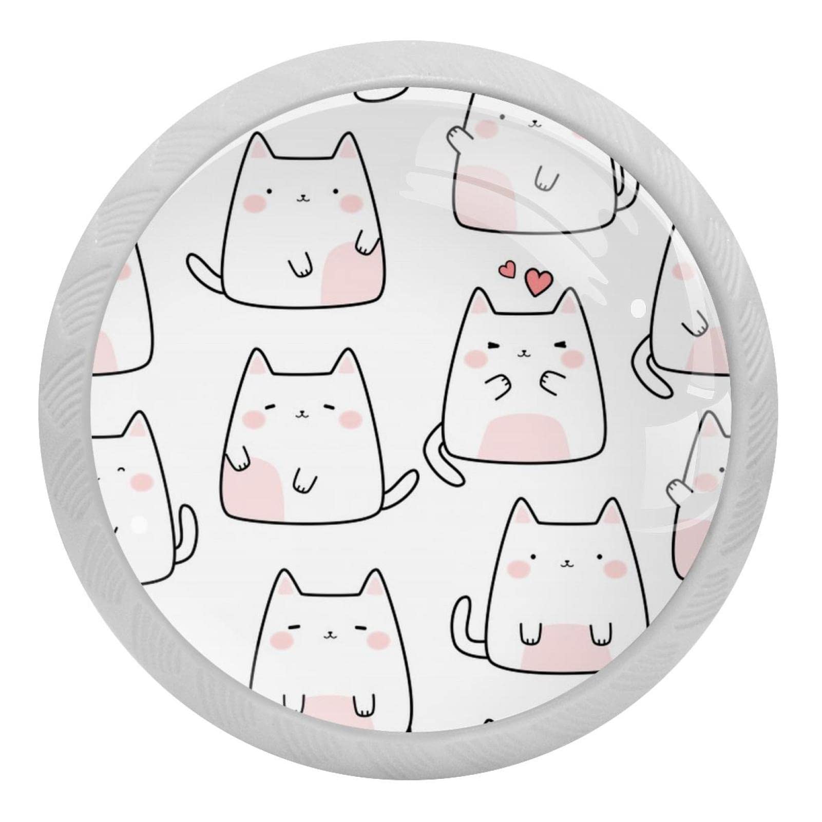 Boutons pour tiroir de commode et cuisine motif chat blanc en verre brillant