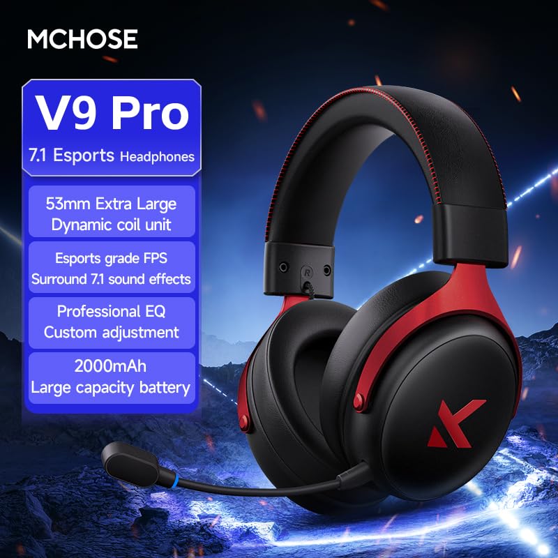 MCHOSE V9 Cuffie da gioco, suono surround 7.1, nero e rosso, lega di alluminio, peso 265 g, effetti sonori EQ, cuffie professionali da gioco FPS con software, scheda audio C-Media (3 pezzi)