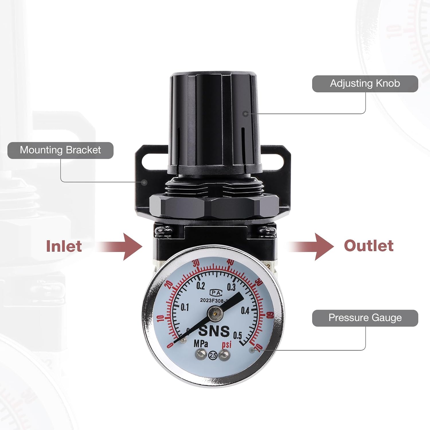 SNS Low Pressure Air Regulator Air Compressor Pressure Regulator With Bracket and Gauge Female Thread 1/4 NPT Adjustable AR2000-N02 (0-40 PSI)