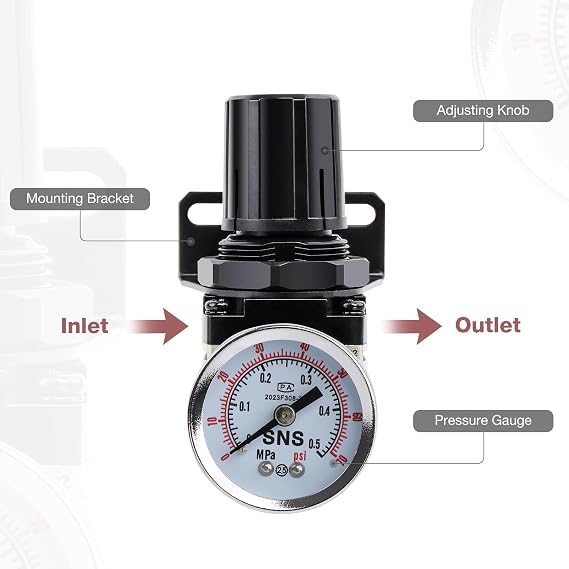 SNS Low Pressure Air Regulator Air Compressor Pressure Regulator With Bracket and Gauge Female Thread 1/4 NPT Adjustable AR2000-N02 (0-40 PSI)
