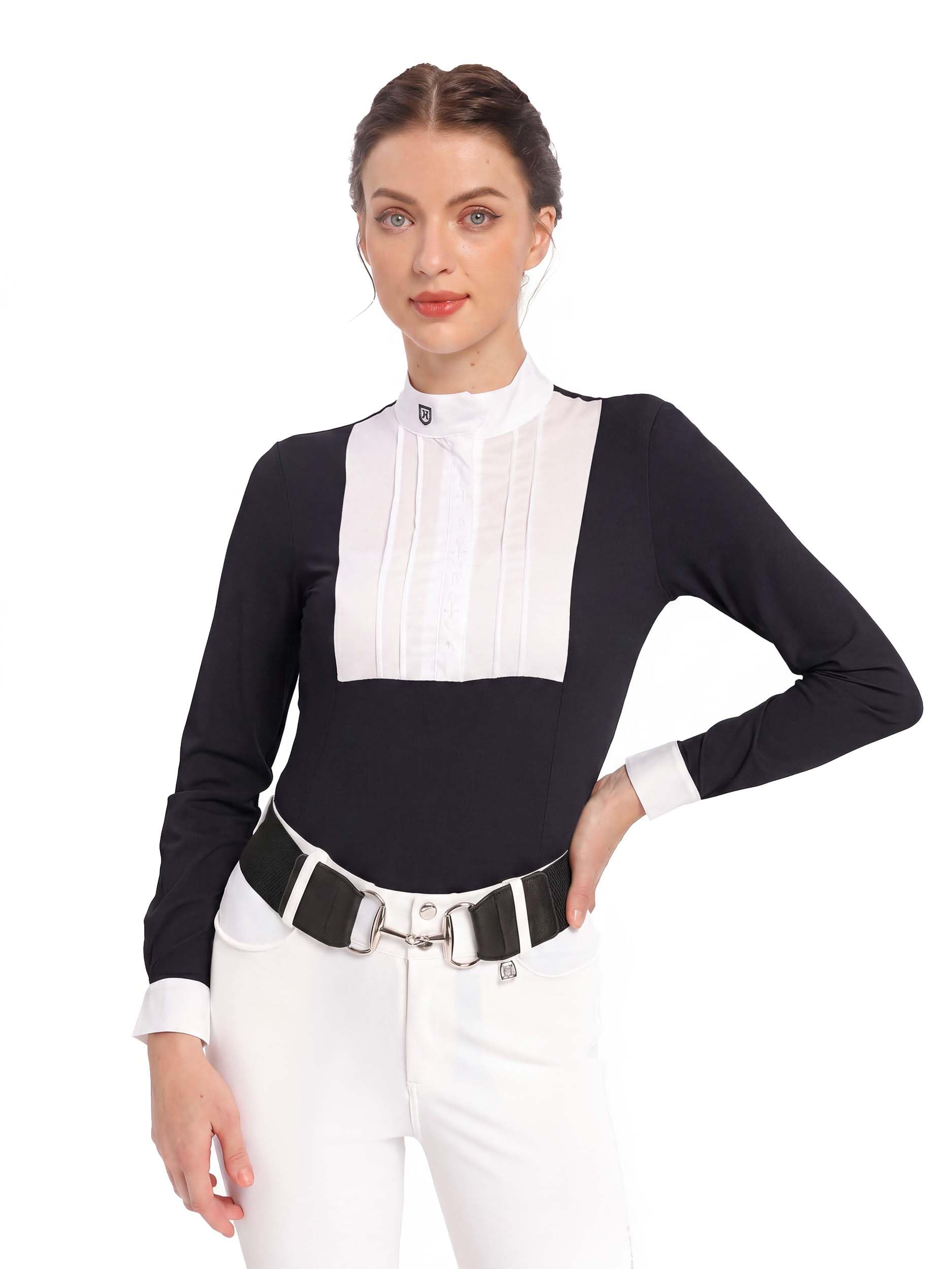 Harrison Howard Equestrian Pleated Bib Show Shirt Rider Top Horse Riding Long Sleeve with Embroidery, Navy, L