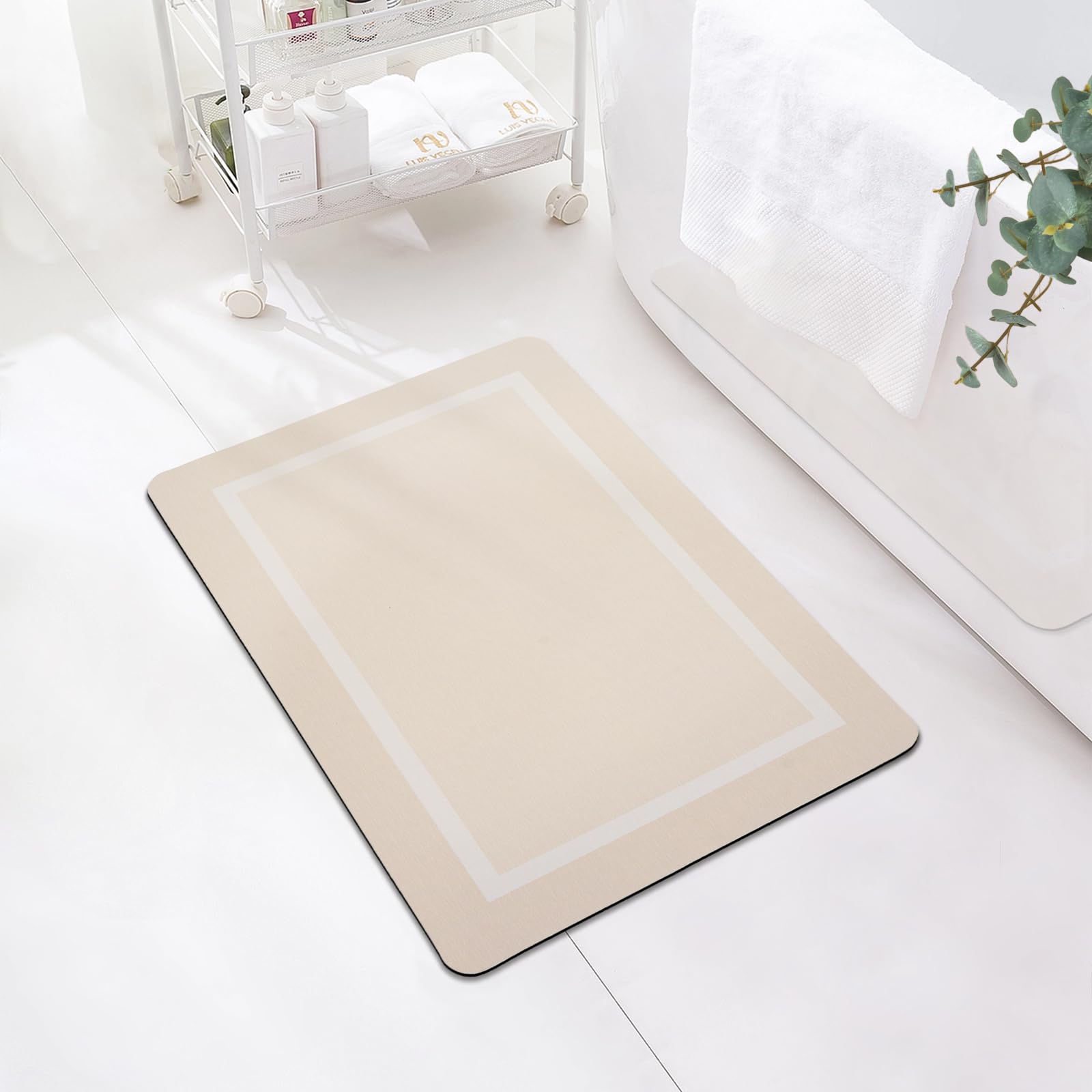 FRESHMINT Classic Border Rubber Bath Mat 24”x17”, Water Absorbent Bath Mat for Bathroom Floor, Non Slip Shower Mat Washable, Ultra Soft Microfiber Bathroom Mat Room Accessories, Beige