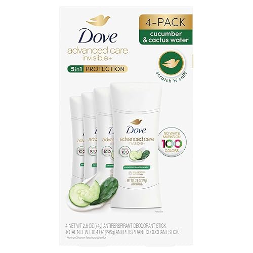 Dove Advanced Care Invisible+ Desodorante antitranspirante en barra, agua de pepino y cactus, 2.6 onzas, 4 unidades