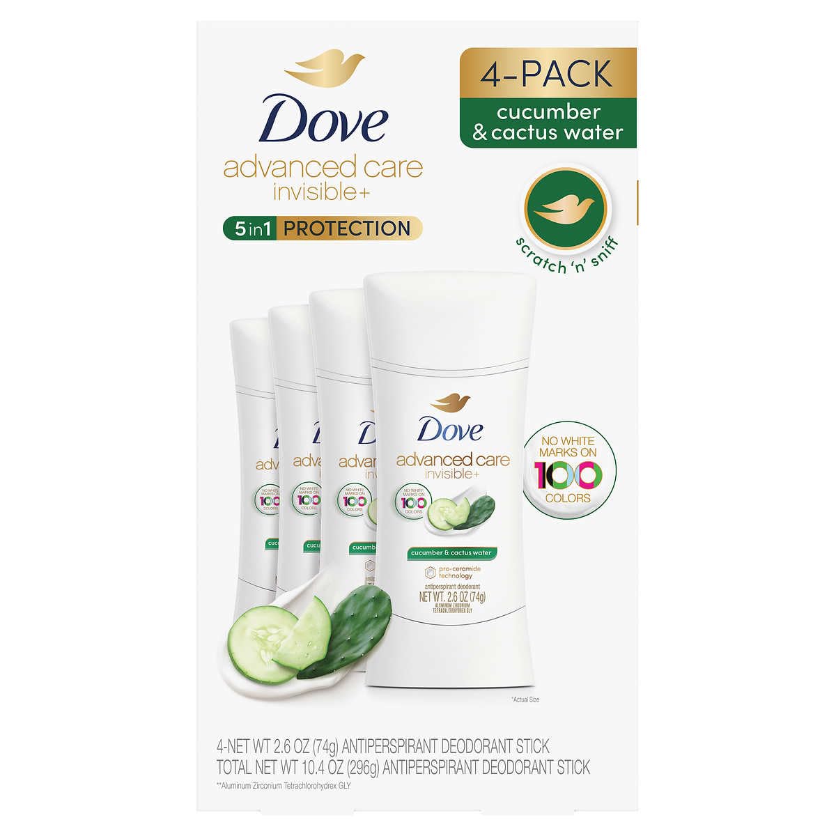 Dove Advanced Care Invisible+ Antiperspirant Deodorant Stick, Cucumber and Cactus Water, 2.6 oz, 4 ct