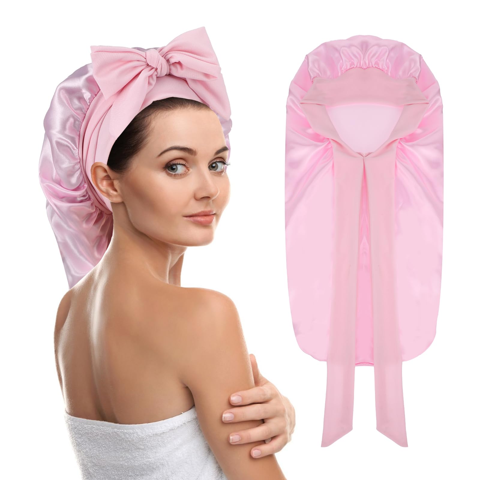 JIYIN Long Satin Bonnet for Sleeping, Sleep Cap with Tie Band for Women Silk Sleep Cap for Braids Curly Hair