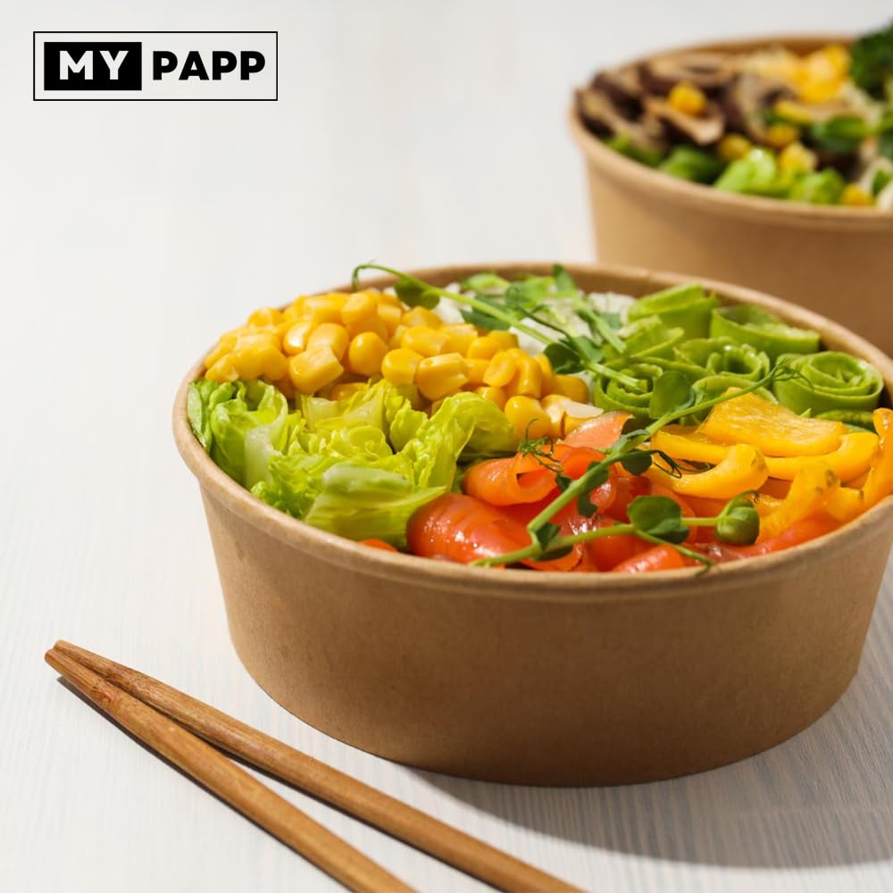 150x Salatschalen mit Deckel | Einweg Kraft Pappschale To Go Schalen Bowls Becher | Salatbox Kartonschale Einwegschalen Lebensmittelbehälter umweltfreundlich