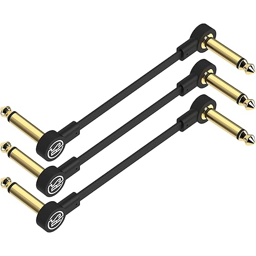 Rock Stock Guitar Flat Patch Cables - 12 Inch S-Shape Effect Pedal Cables - Black with Durable Gold Plated Connectors, Maximize Pedalboard Space (3 Pack)