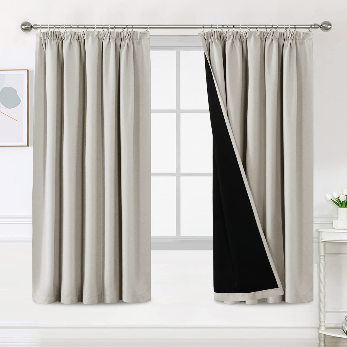 Bellahills Pumice Stone 100% Blackout Curtains For Bedroom Thermal Insulated Curtains & Drapes Blackout Curtains Pencil Pleat Curtains For Living Room With Black Liner 2 Panels, 66 X 72 Inch,