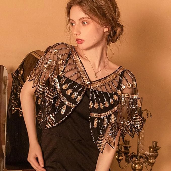 Damski wieczór cekinowy szal lata 20. sukienka vintage peleryna elegancki haft siatka kardigan trend okrycie akcesoria na imprezę studniówkę