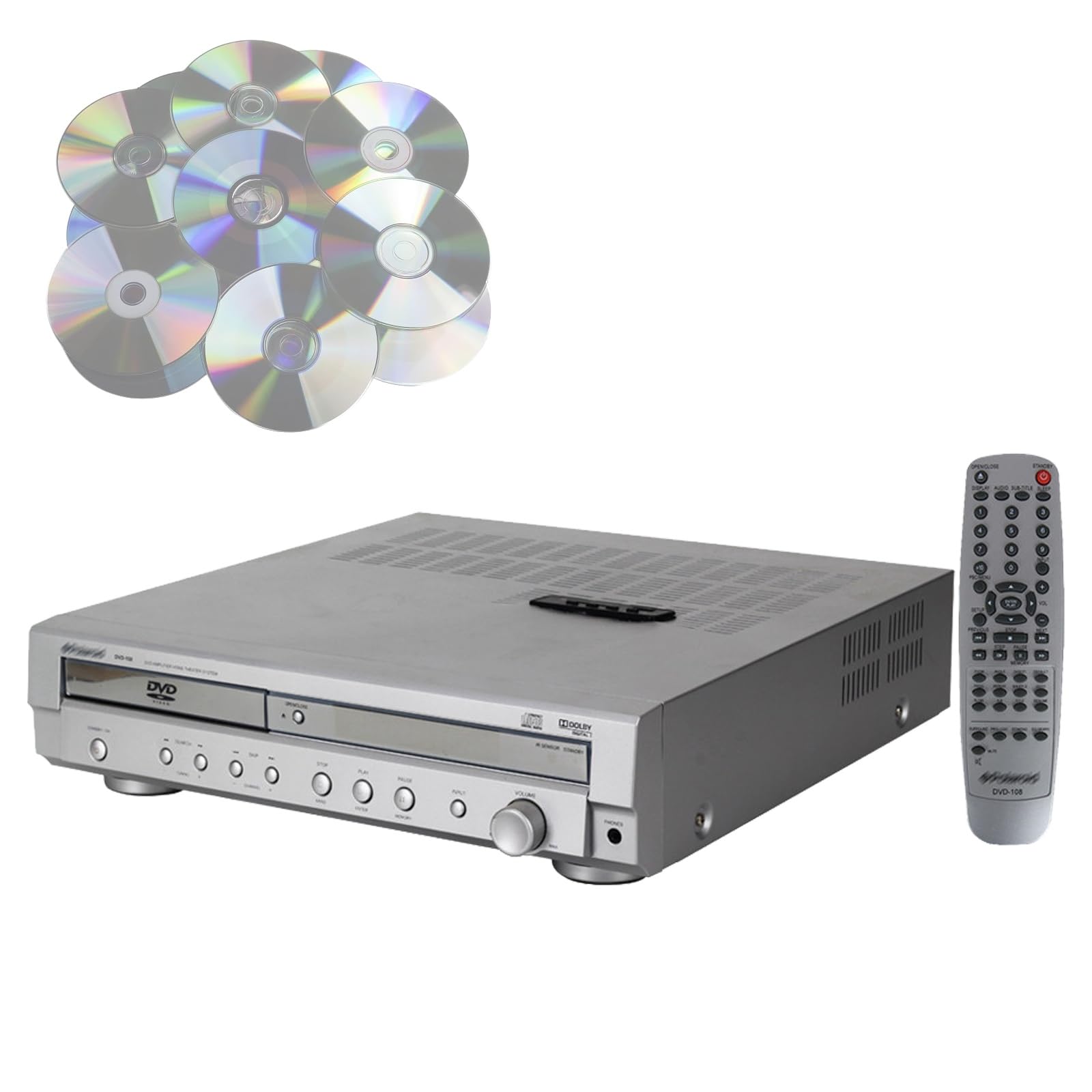 Wzmacniacz kina domowego 5.1, odtwarzacz DVD z kanałami dźwięku przestrzennego z pilotem, obsługuje USB, wyjście optyczne i koncentryczne, amplituner stereo z regulacją głośności