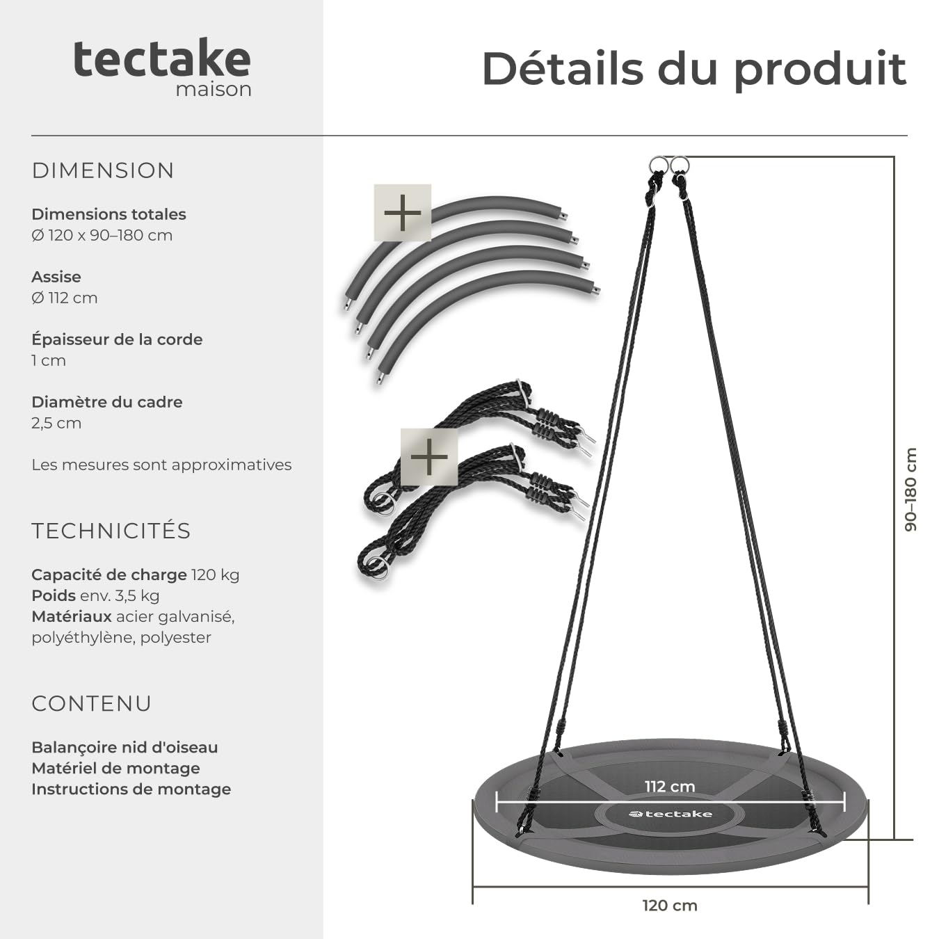 tectake® Balancoire nid d'oiseau Balancoire Exterieur Balancelle de Jardin pour Aire de Jeux Exterieur Our intérieur pour Enfant & Adultes avec Corde balancoire & mousquetons, Max. 120 kg, ⌀120cm