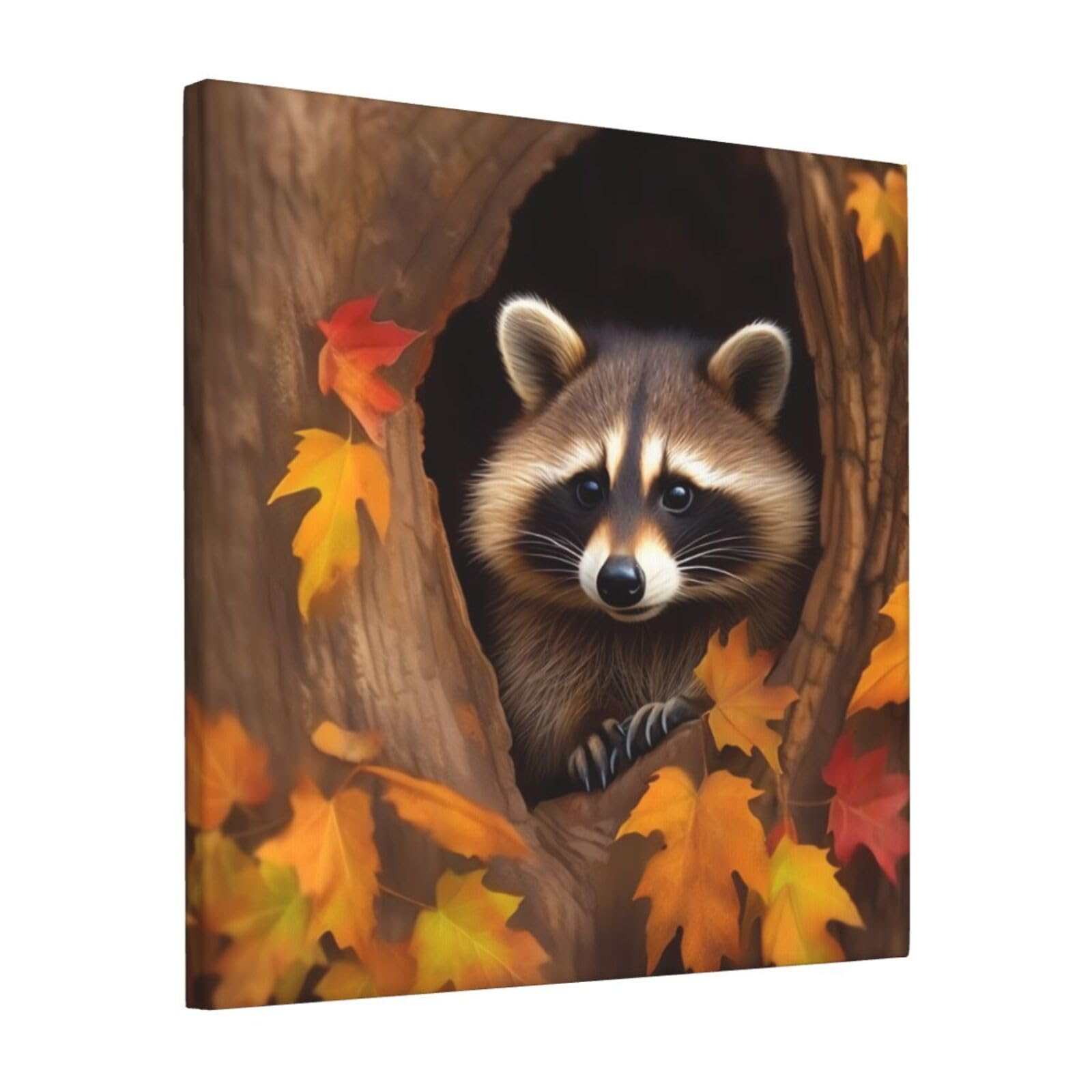 KLOPH Raccoon in The Fall Tree Hole Canvas Wall Art for Living Room 12"x12" Modern Artwork Painting for Bathroom Hanging Canvas Prints Aesthetic Wallart for Bedroom Kitchen Office Wall Decor