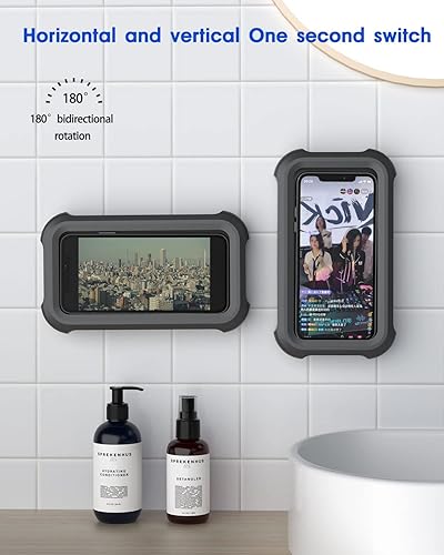 Miniatura 5 de Soporte para teléfono de ducha impermeable con rotación de 360°, ángulo ajustable, soporte para teléfono montado en pared para espejo de baño, Negro