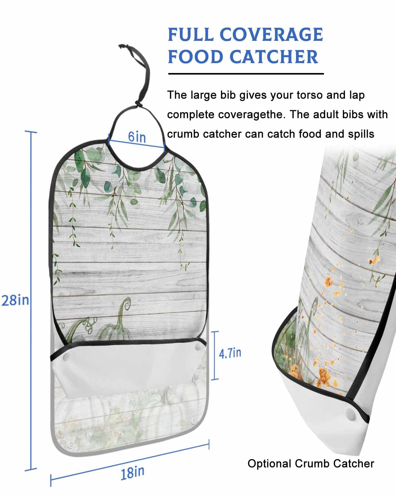 LEOKOTI Fall Sage Green Pumpkins Adult Bibs for Eating, Waterproof Bibs with Food Catcher & Adjustable Snap Closure, Thanksgiving Maple Leaf Vintage Washable Clothing Protectors Adult Bibs for Elderly