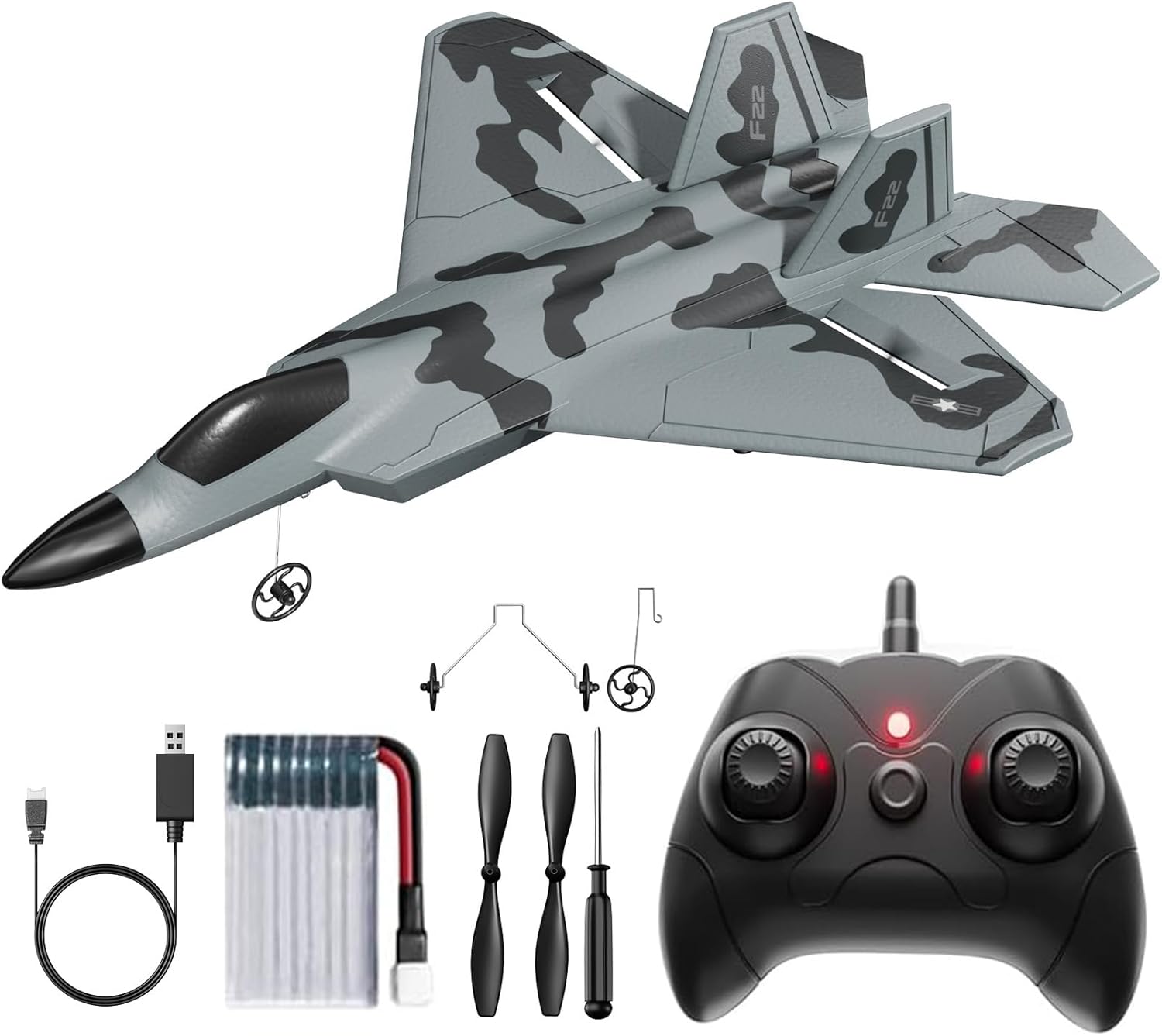 RC Plane Remote Control Airplane for Kids and Beginners F-22 Glider Foam Fighter Jet, 2CH 2.4GHz Aircraft Ready to Fly Toy with LED Lights Automatic Balance Gyro 2 Rechargeable Batteries