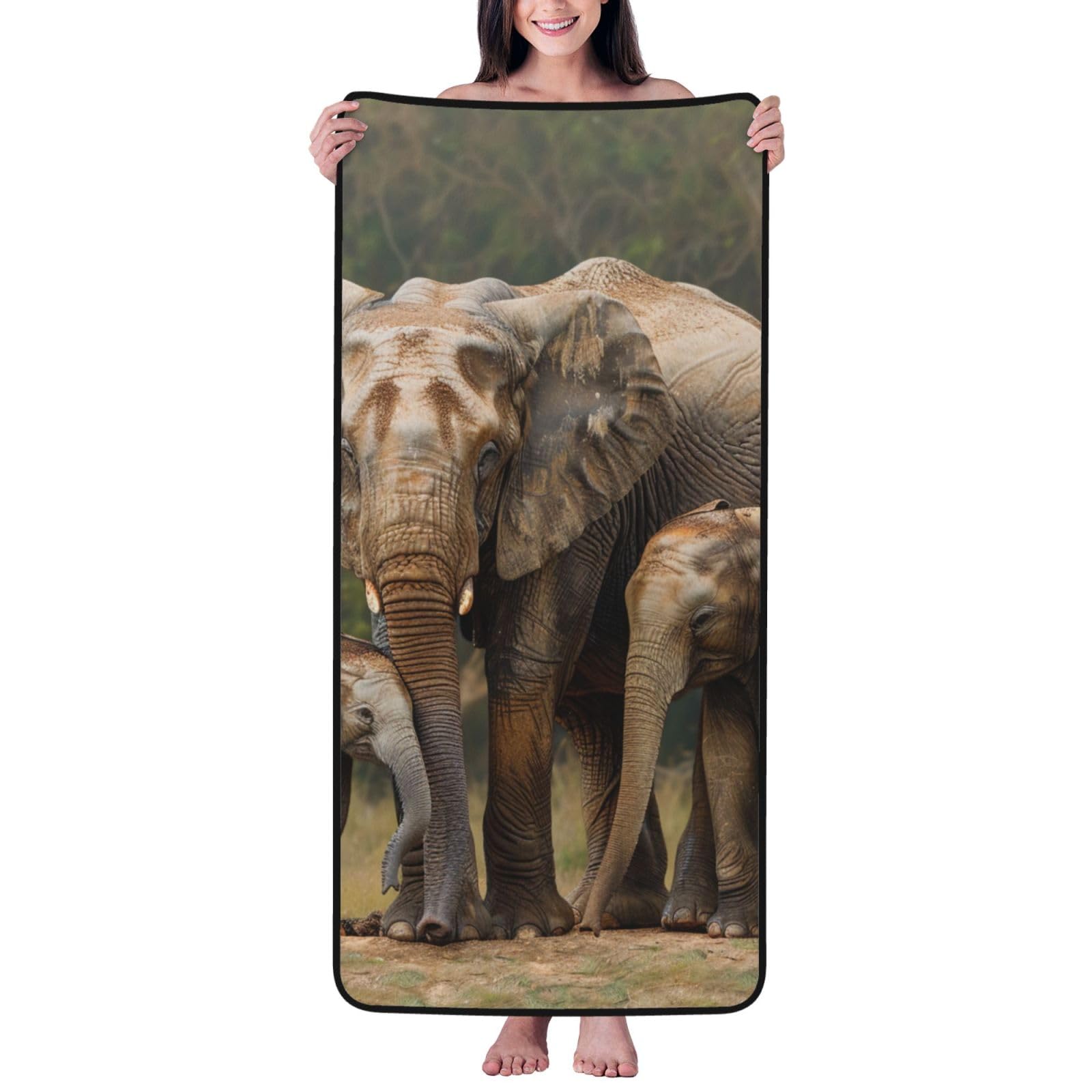 WPKJU Elephant Family Printed Bath Towel with Black Edging - 27x55 in Soft Extra Absorbent Coral Velvet Shower Towels for Bathroom