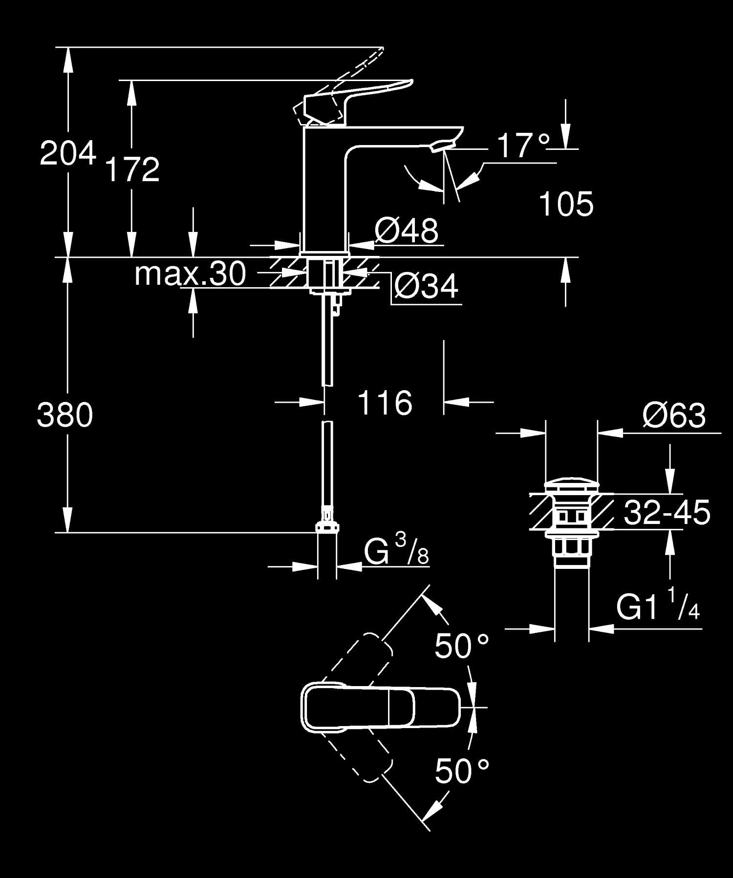 GROHE Dice Grifo Monomando de Lavabo M con Desagüe Push-Open (Cartucho Cerámico 28 mm, Ahorro de Agua, Conexiones 3/8", Fácil de Instalar QuickTool Incluido), Cromado, 1018330000