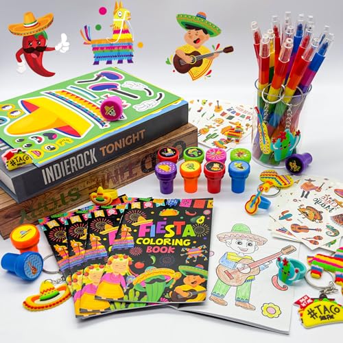72 Pieces Mexican Party Favors Coloring Books with Crayons Set,Fiesta Party Pinatas Goodie Bag Fillers, Cinco de Mayo Party Supplies Craft DIY Kit Face Stickers Tattoo for Taco Party Day of the Dead
