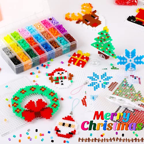 AUGSUN Christmas Fuse Beads Kit - 5100Pcs+ 24 Colors Crafting Melting Beads Set for Kids, 12 Styles Christmas Patterns 2Pcs 5mm Iron Beads Pegboards for DIY Craft Making