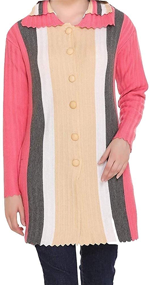 Women's Woolen Band Neck Cardigan - Printed Heavy Front Multicolor Daffodil Fabric Winter Wear Pure Wool Cardigan for Women - Free Size Long Cotty (Pink, XXXL)-image-12