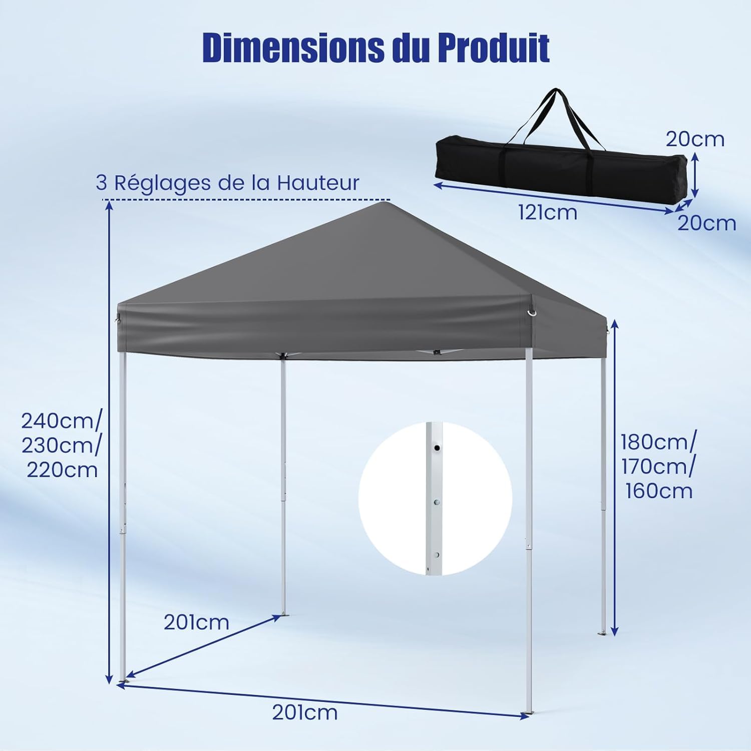 RELAX4LIFE Tonnelle Pliante 2x2 M Pop-up, Barnum Pliant Facile à Monter pour Camping/Jardin/Terrasse, Gazebo 2x2 avec Sac de Transport, Hauteur Réglable, Piquets & Cordes Inclus, Gris