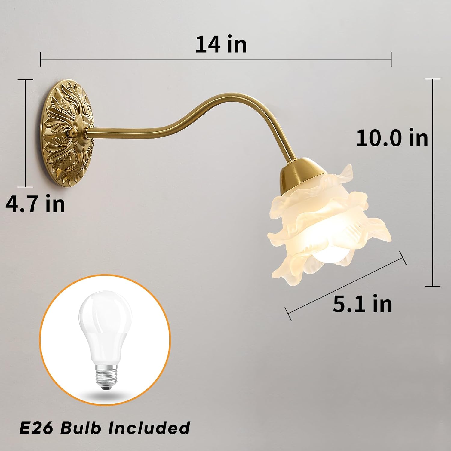 Vintage Glass Flower Gooseneck Wall Sconce, Gold Milk Glass Floral Wall Lamp for Girls, Antique Hardwired Wall Light Fixture for Bedroom Bedside, Bathroom, Hallway, Living Room, Stairwell, Dining room