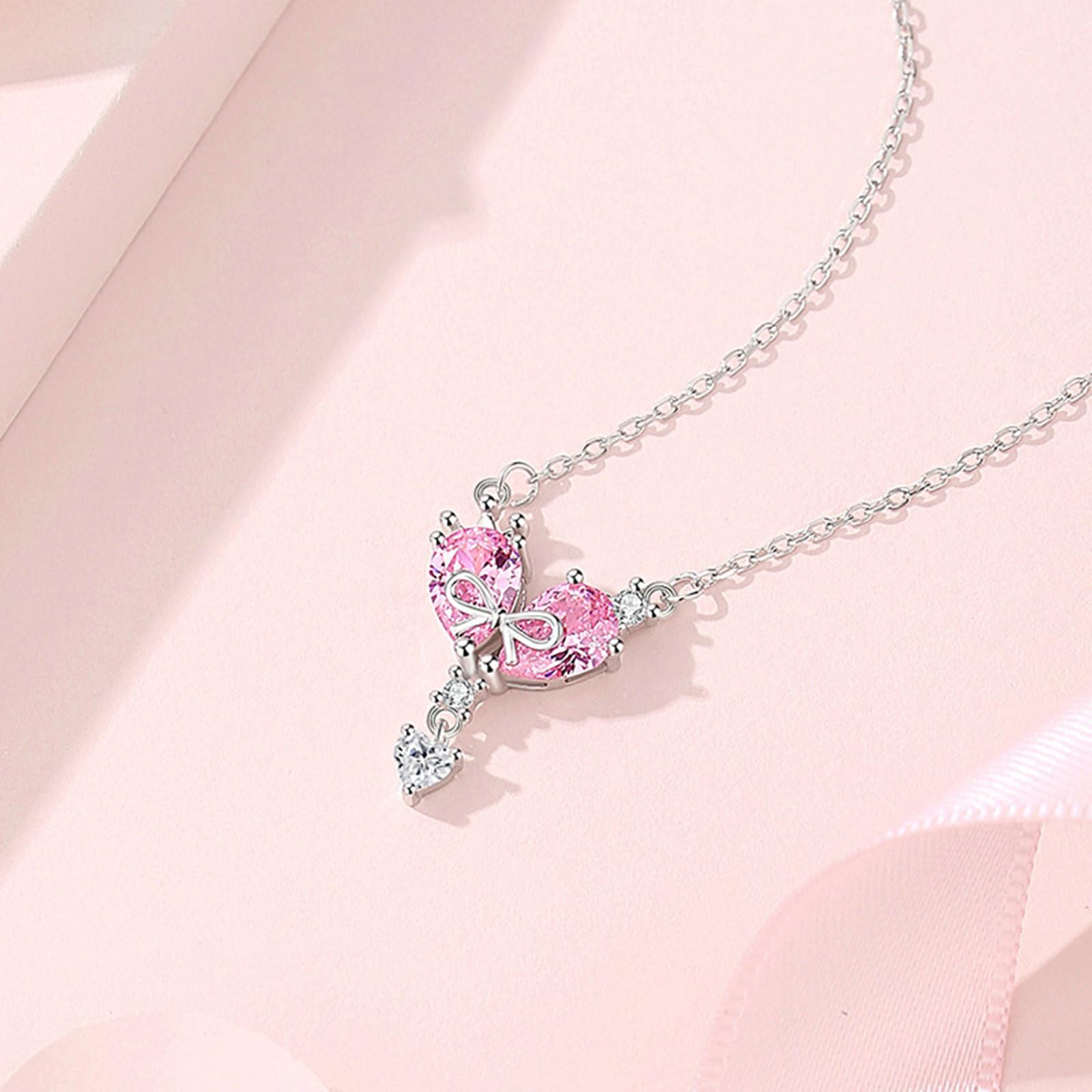Collar para mujer, joyería de moda, oro blanco de 9 quilates, 14 quilates, 18 quilates, collar de platino, con colgante de corazón y lazo con zafiro rosa creado en laboratorio, 45 cm
