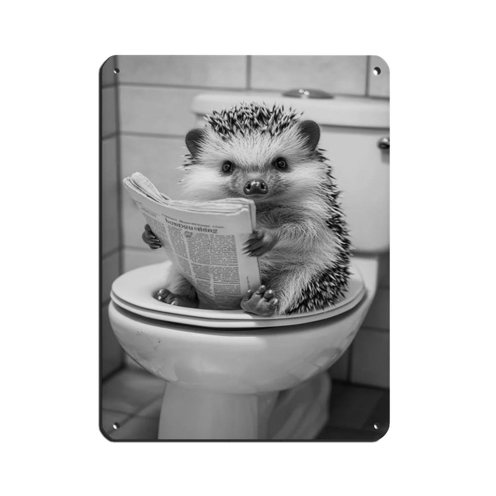 Hedgehog Sitting on The Toilet Reading A Newspaper Retro Poster Metal Tin Sign Chic Art Retro Iron Painting Bar People Cave Cafe Family Garage Poster Wall Decoration 12x16inch(30x40cm)