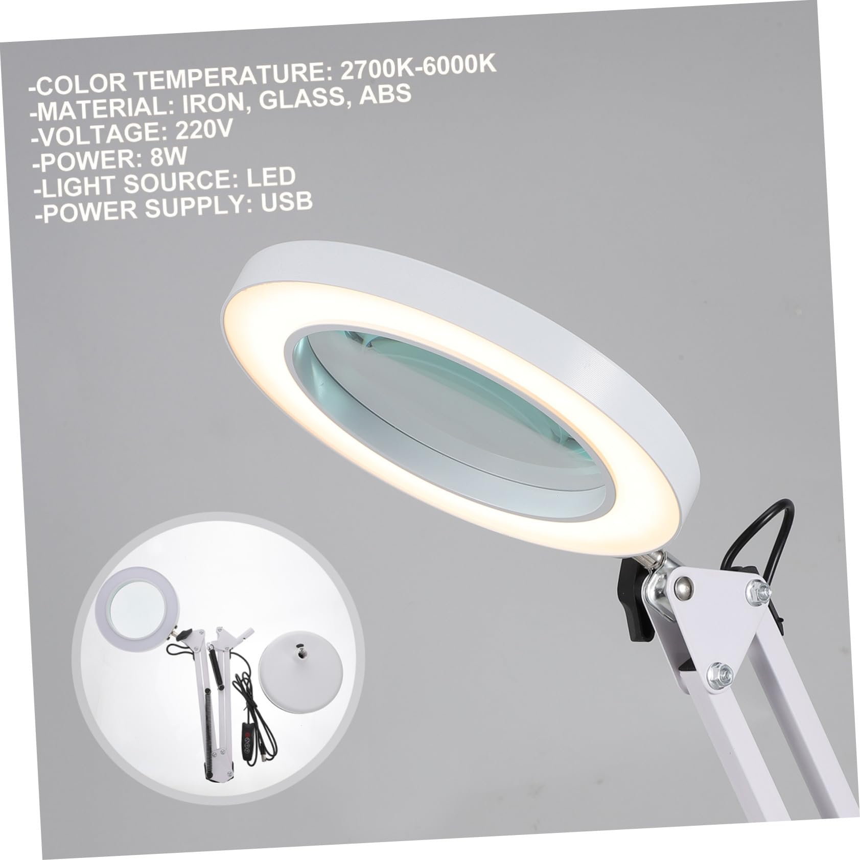 Lámpara de Aumento LED Plegable 5x Luz Clara y Base Ajustable, Luz Multifunción para Manicura, Belleza y Estudio, Lámpara de Lupa para Esteticistas, 1 Unidad