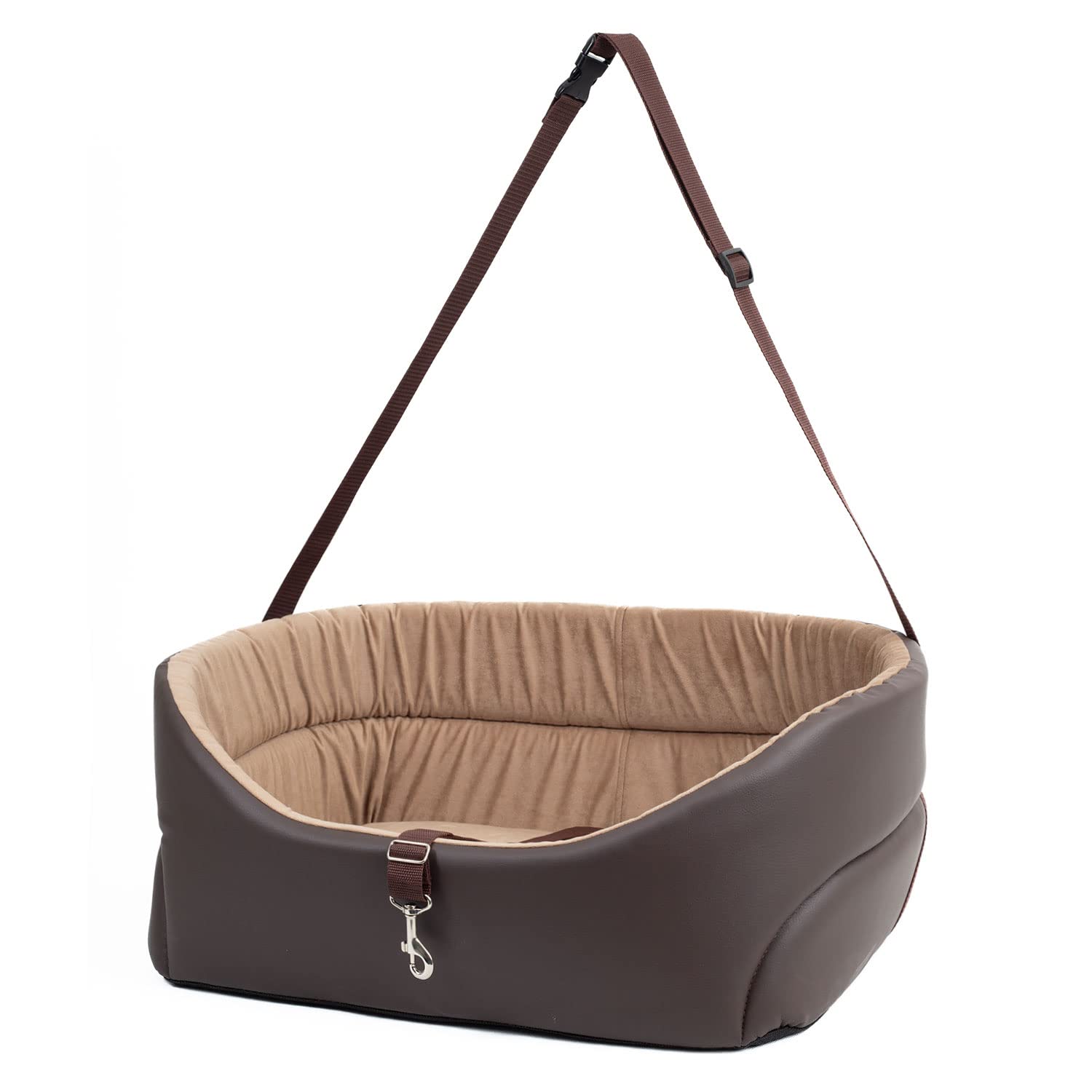 Exclusivo Asiento para Perro | Asiento de Coche para Perros, Gatos, Mascotas | Trasero y del Pasajero | Cama, Bolso | Color: Braun - Kunstleder: Wildlederimitat | Grande: L: 56 cm x 48 cm