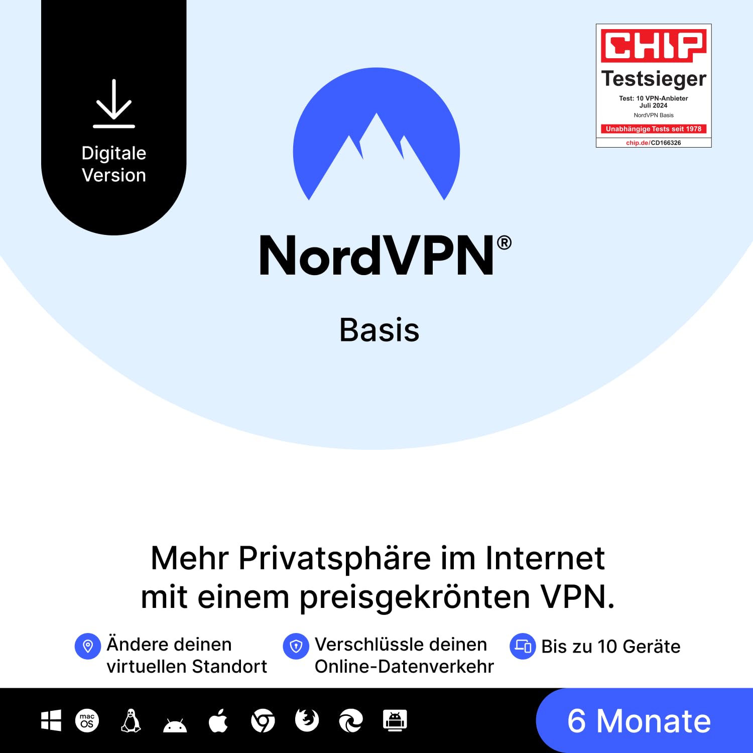 NordVPN Basis, 10 Geräte, 6 Monate, Premium-VPN-Software, Digitaler Code
