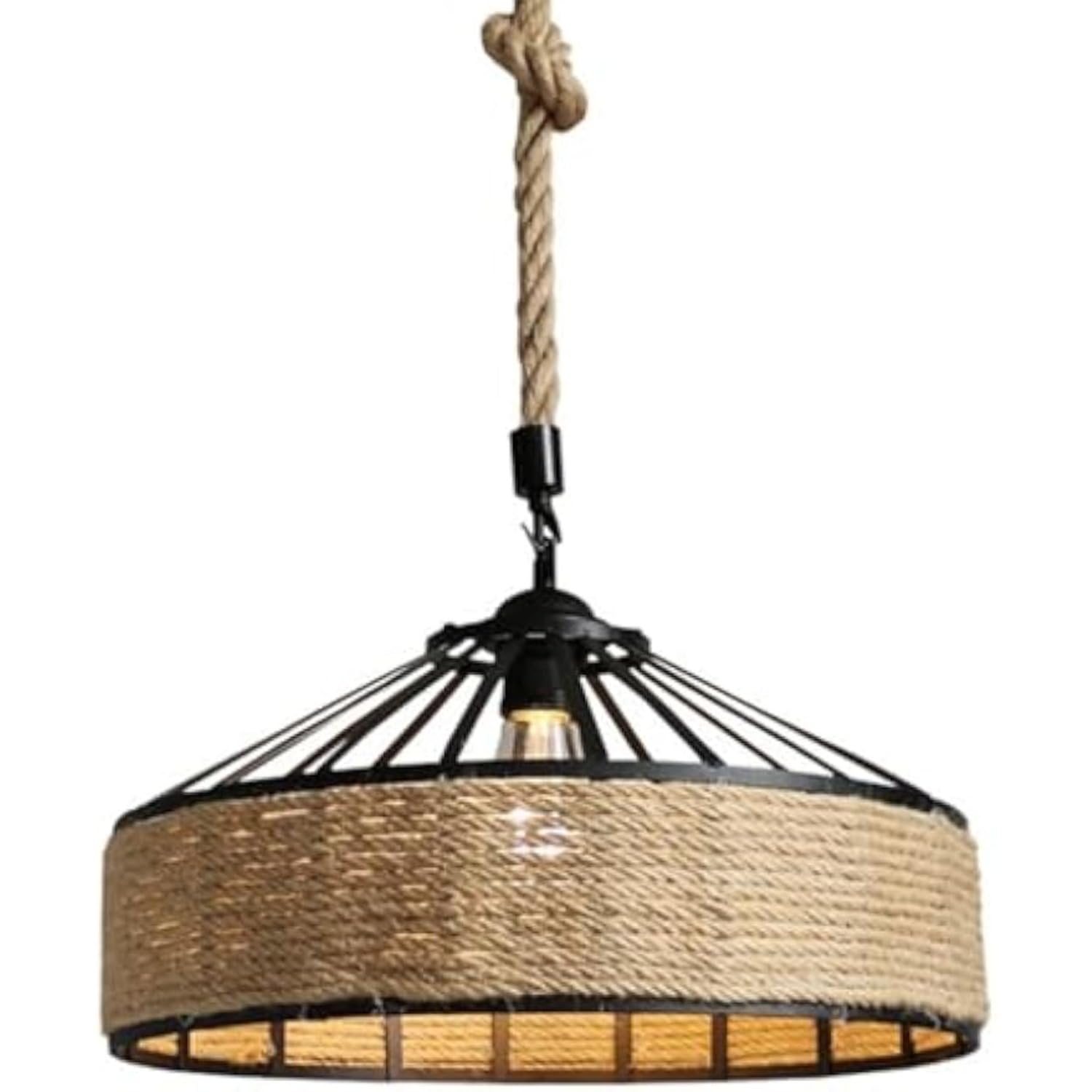 Lámpara colgante rústica Palma - con cordel tejido a mano, orientable 30 cm, casquillo E27, ideal como lámpara de salón o comedor - negra y cuerda