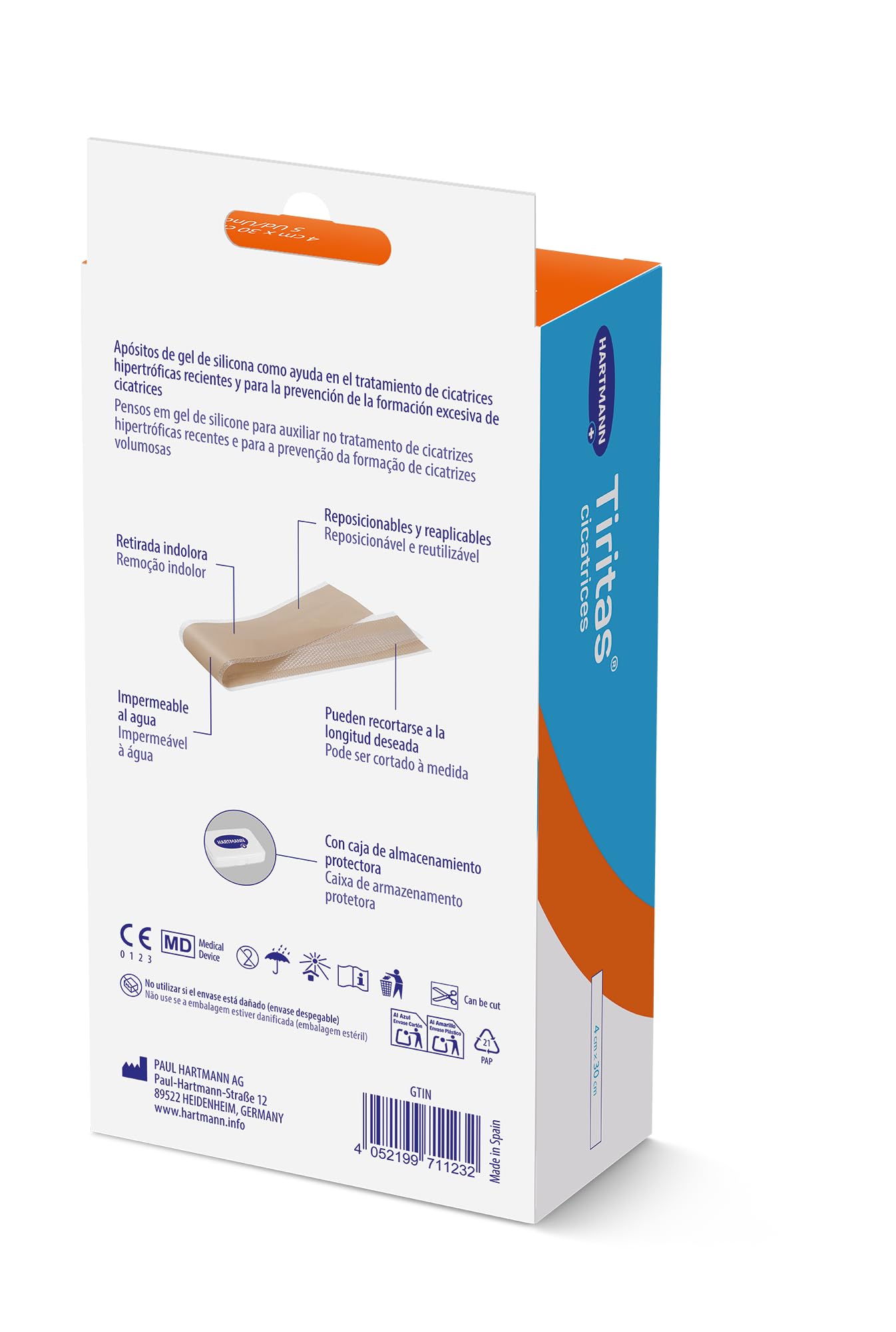 Tiritas Cicatrices, Apósito de Silicona, Previene y Trata Cicatrices Lineales, Hipertróficas y Queloides durante la Curación, Protección Solar FPS 50+, 4x30cm, 5uds