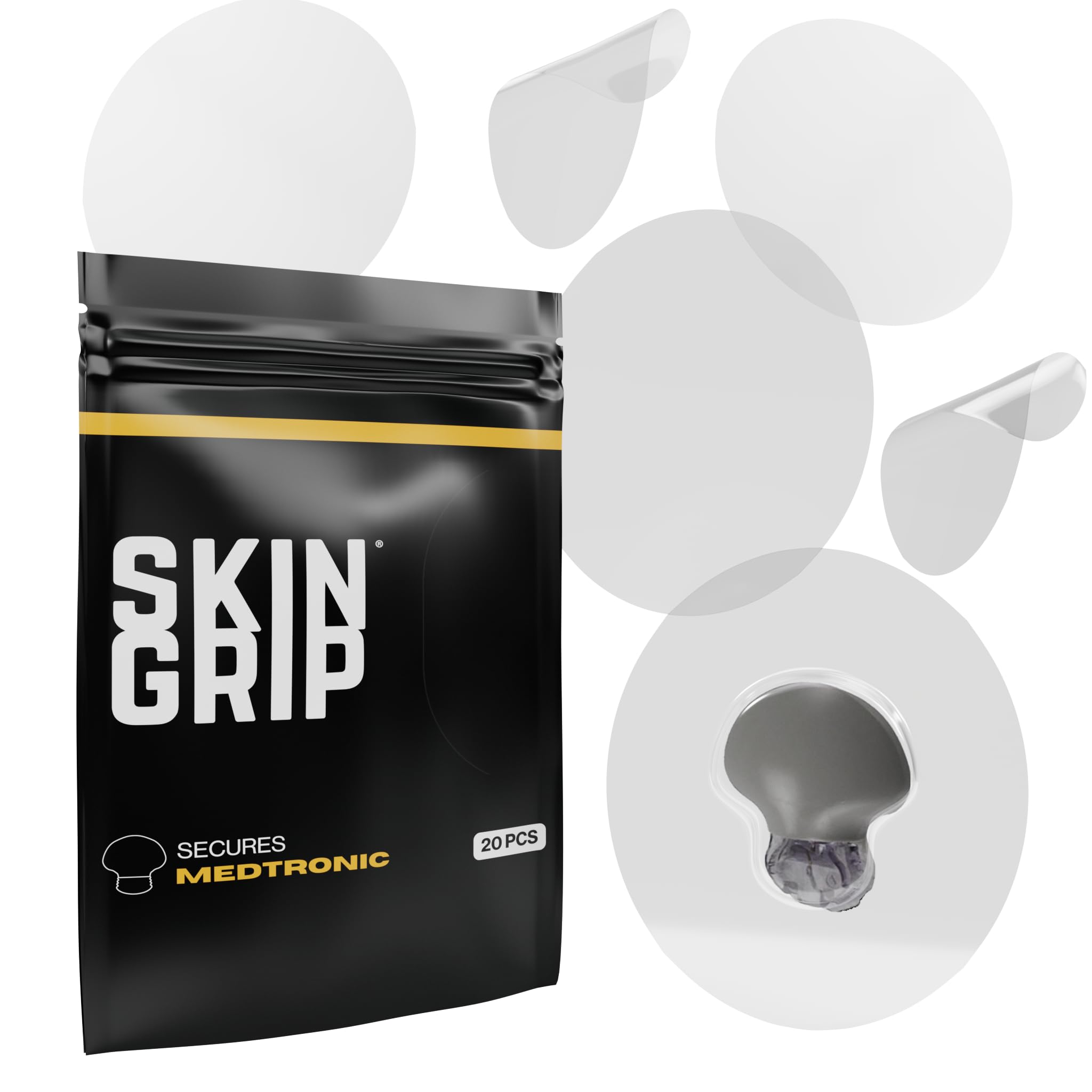 Skin Grip CGM Sensor Patches Compatible with Medtronic Guardian (20-Pack), Waterproof & Sweatproof for 10-14 Days, Pre-Cut Adhesive Tape, Continuous Glucose Monitor Patch, Clear