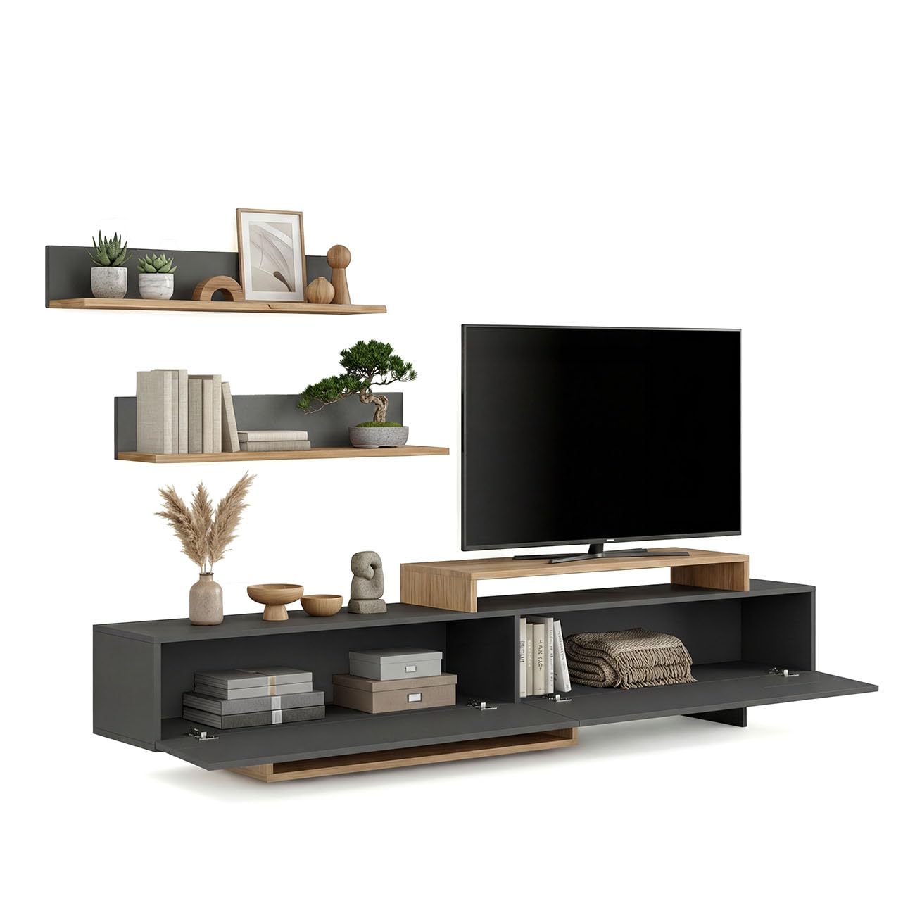 duehome | Mueble de Salón, Composición Modular de TV, Modelo: Bender 200, Acabado en Gris Grafito y Alpino, Medidas: 200 cm (Largo) x 33 cm (Fondo) x 46 cm (Alto)