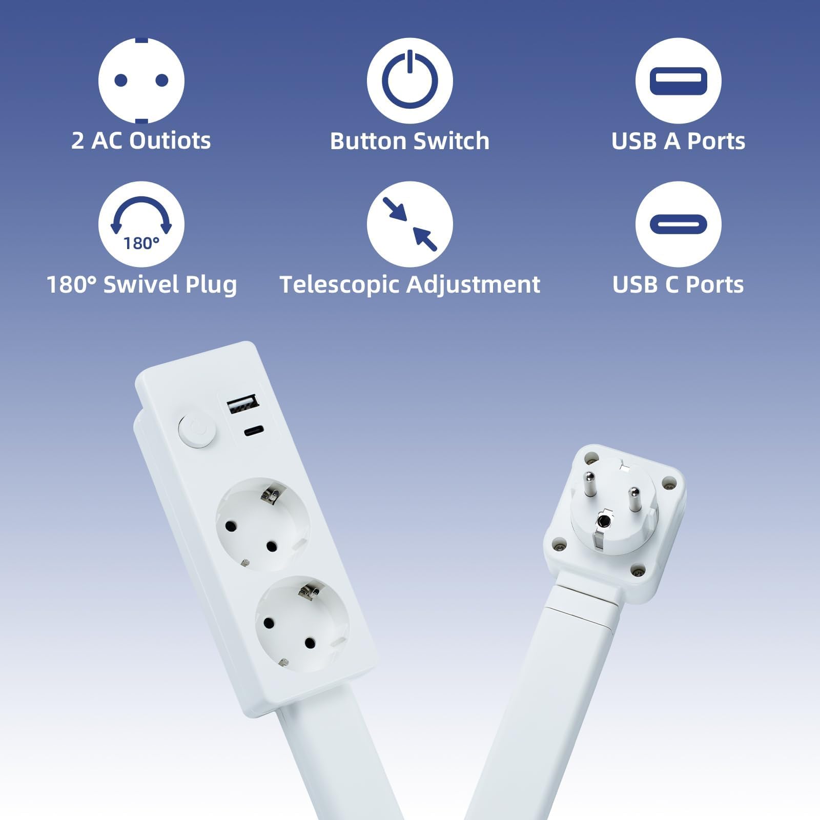 Rallonge de Prise Electrique Retractable (Plage de Longueur : 19,37 do 28,3 cala; obrót o 180°) — sektora 2-punktowego i 2 porty USB (Dont 1 USB-C i 1 USB-A), CE Gadget Pratique Off