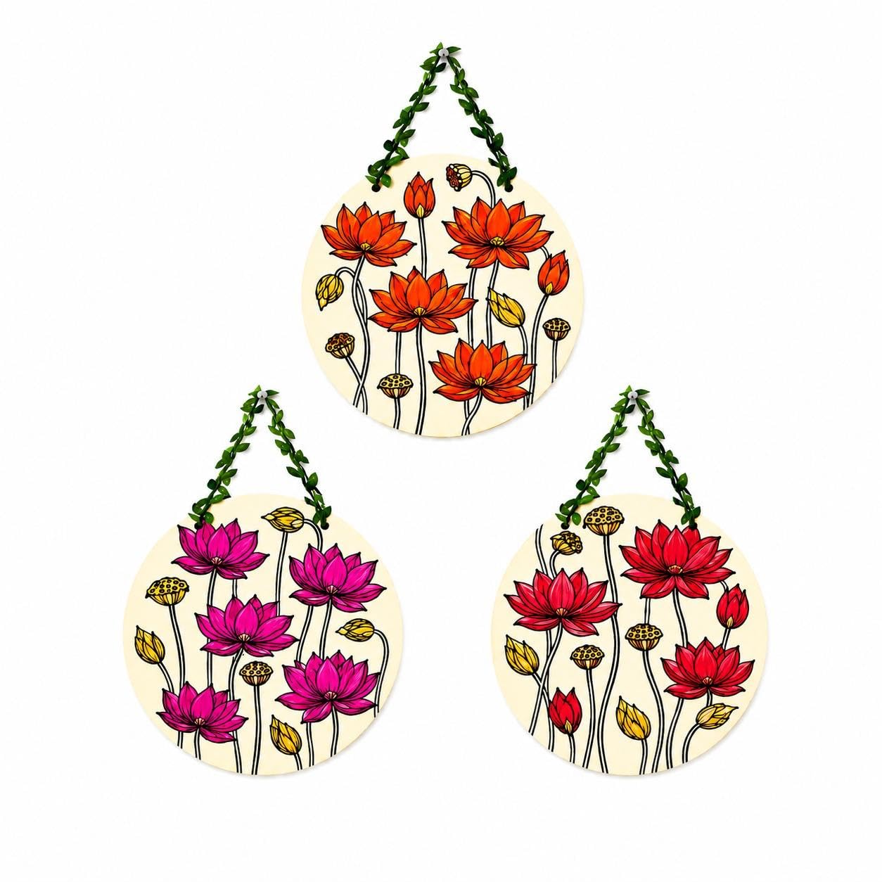 JOYSPHERE Lotus Flower Wooden Wall Hanging Decor Set of 3 for Living Room | Multicolor Round Lotus Floral Wall Hanging Panels | Decorative Botanical Wall Art for Bedroom, Hallway, Office & Home Decoration-image-47