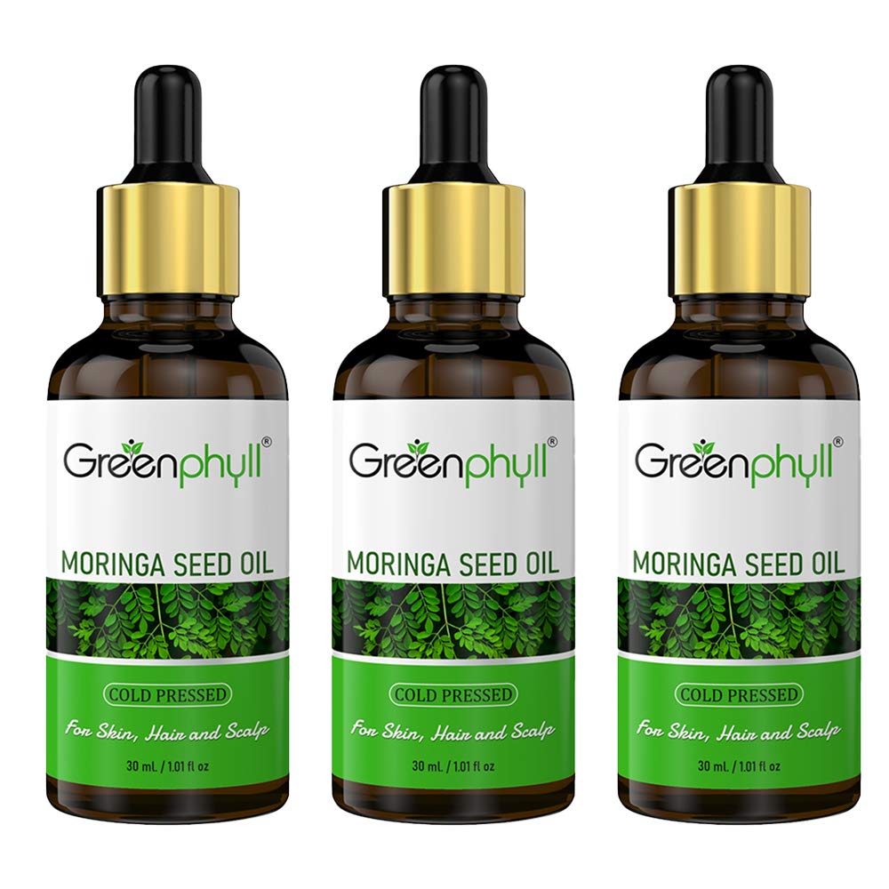 Greenphyll Cold Pressed Natural Moringa Oleifera Seed Oil | 100% Natural & Undiluted for Anti-Aging, Natural Glowing, Acne, Blackheads, Dark Spots, Scalp Moisturizing, Stronger Hair, Dandruff & Split Ends - 30ml pack of 3