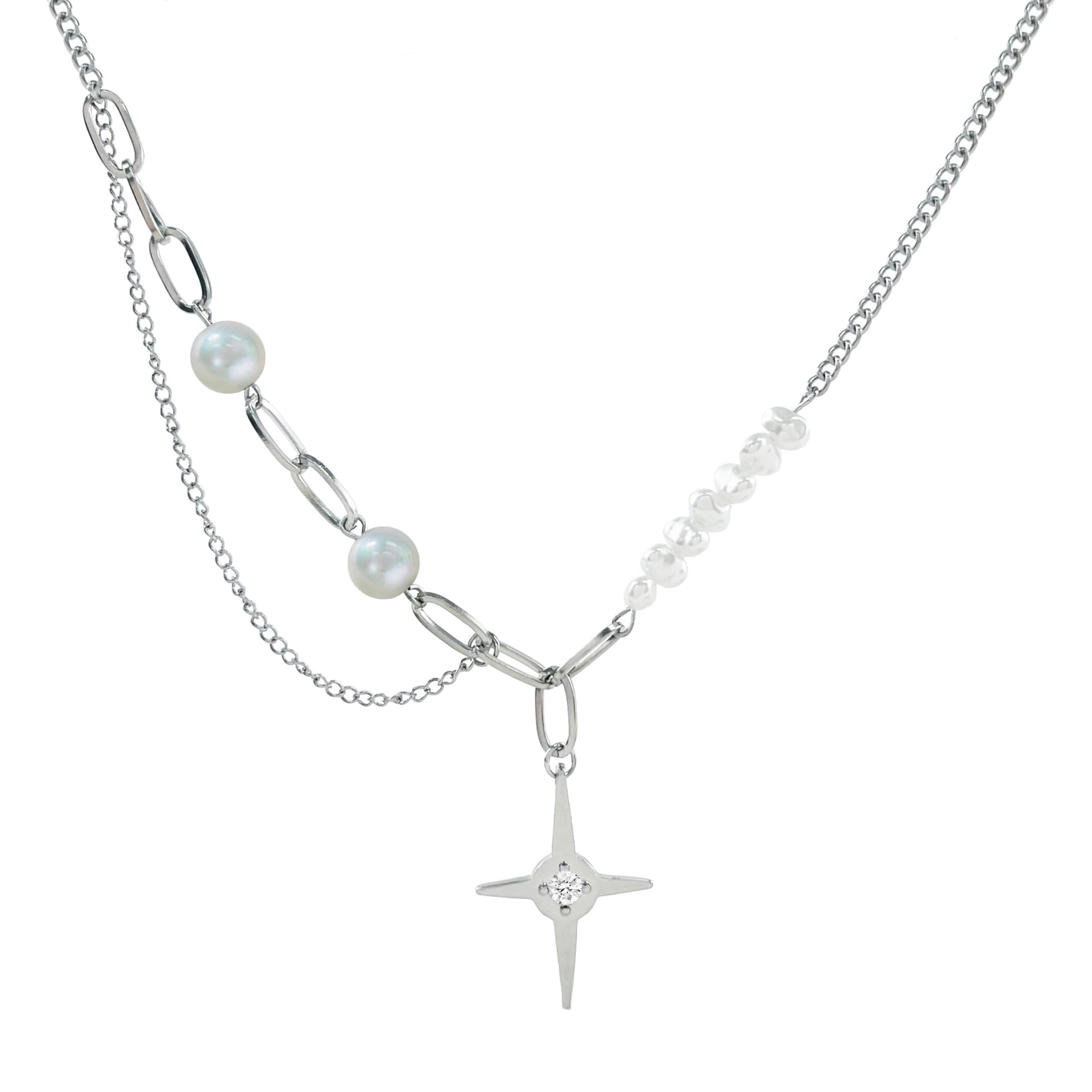 Fivexing Cross Necklace for Women Irregular Double Layered Y-shaped Chain Y2k Pearl Fashionable Hip-hop Trend