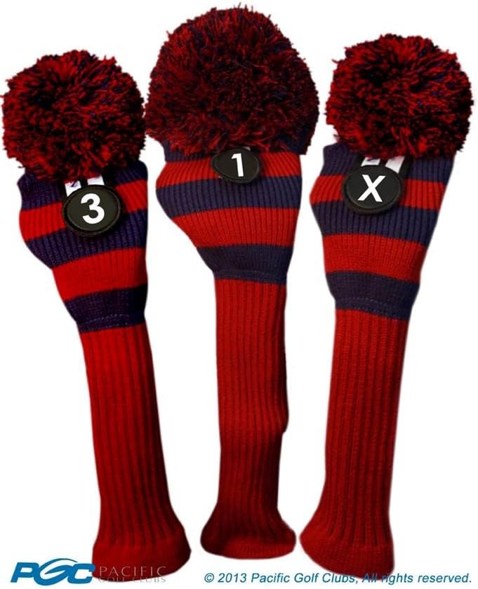 Majek Golf Club 1 3 X Red and Blue Limited Edition Driver and Fairway Wood Head Covers Fits 460cc Drivers Tour Knit Retro Vintage Pom Classic Long Neck Metal Longneck Woods Headcovers