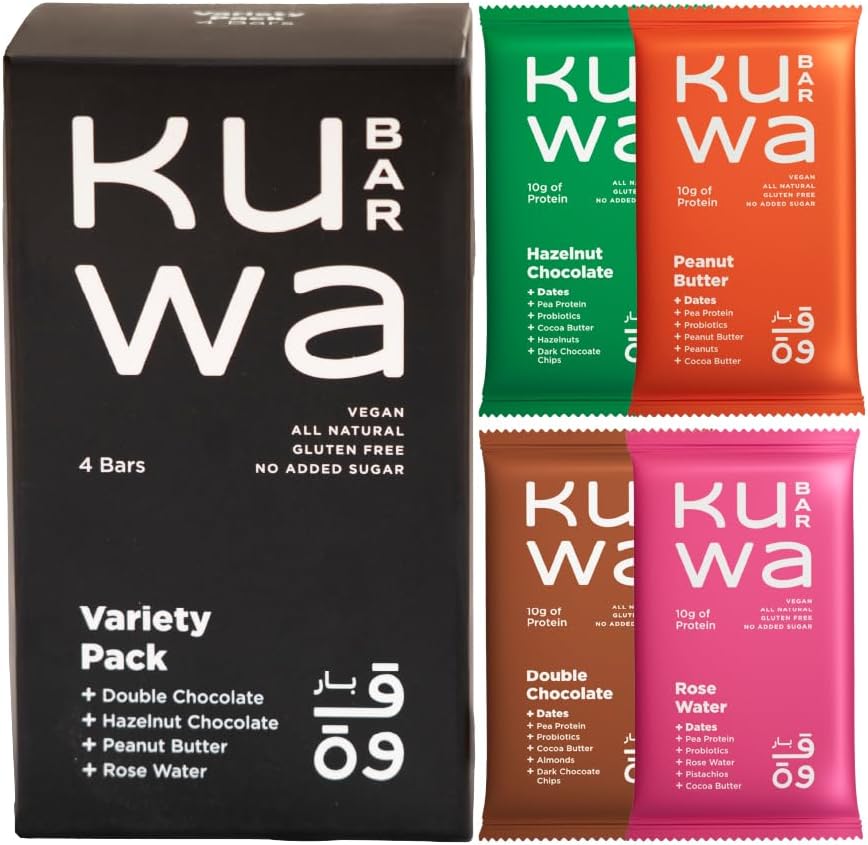 Kuwa Bar Mix Pack Protein Bar - Rose Water, Double Chocolate, Hazelnut Chocolate, Peanut Butter - 4 Count x 46Grams - All Natural, Probiotics, Date Bars - No Added Sugar, Vegan, Gluten Free