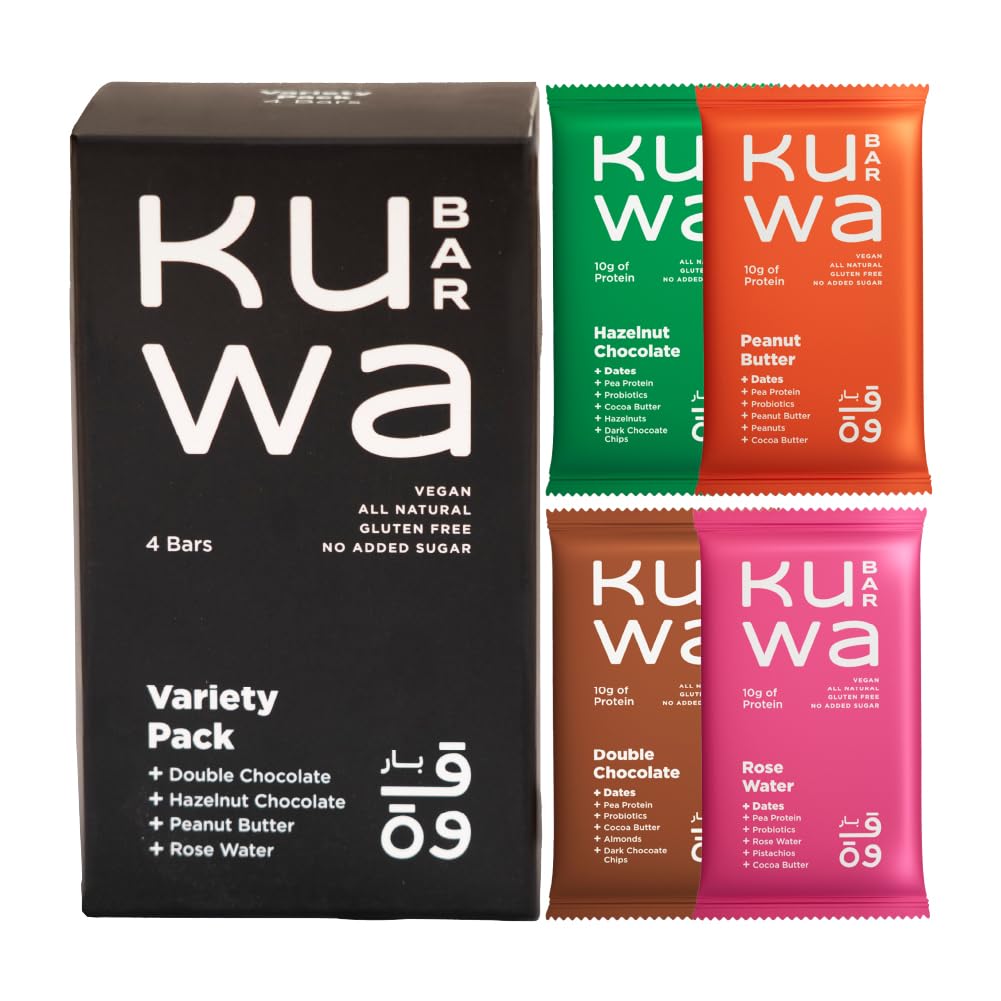 Kuwa Bar Mix Pack Protein Bar - Rose Water, Double Chocolate, Hazelnut Chocolate, Peanut Butter - 4 Count x 46Grams - All Natural, Probiotics, Date Bars - No Added Sugar, Vegan, Gluten Free