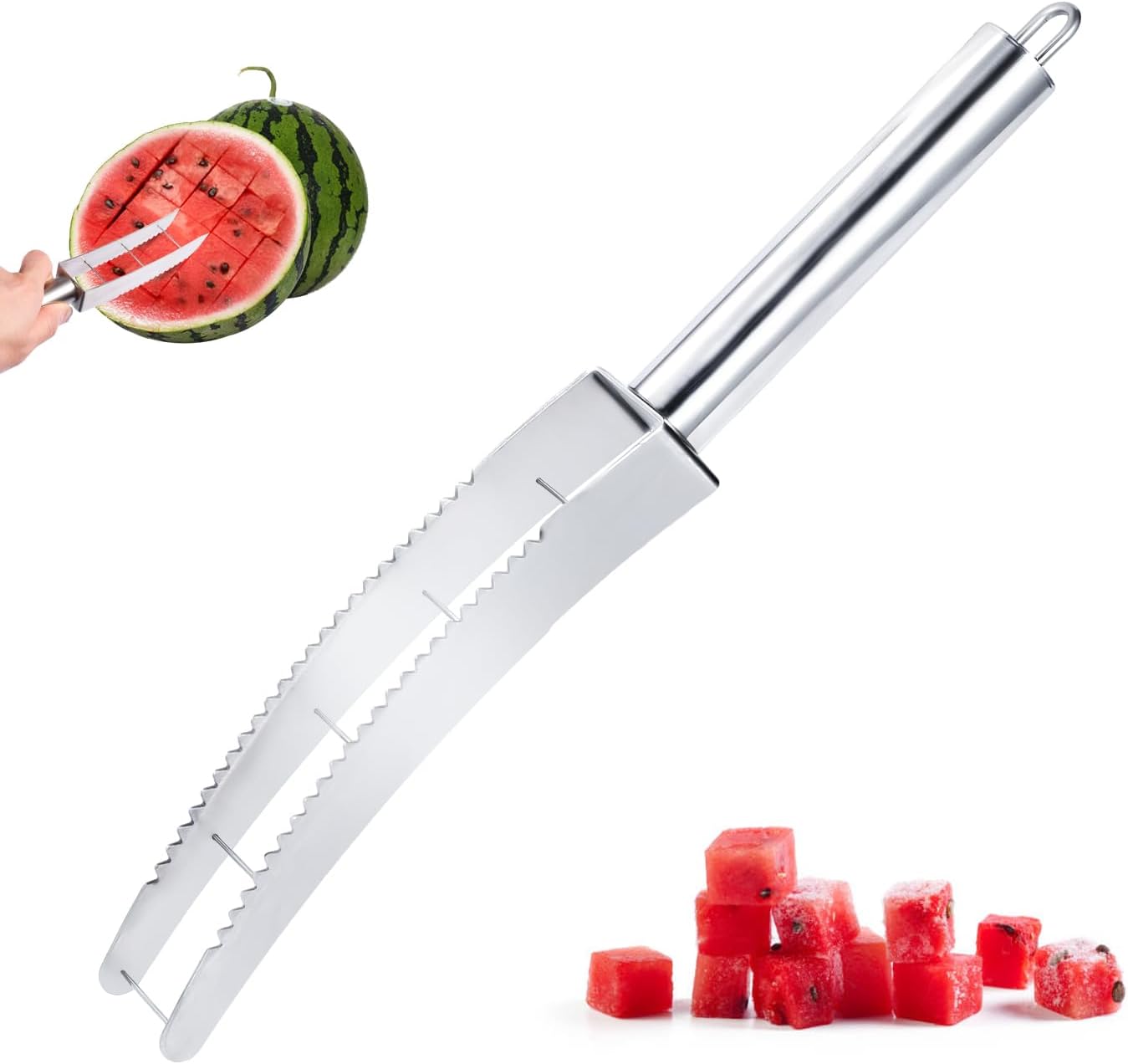 LUTER06CX001 Watermelon Cutter, Stainless Steel Watermelon Slicer Easy and Quick Watermelon Cube Slicer Practical Melon Cuber Fruit Slicer Tool for Kitchen Gadget (Upgraded)
