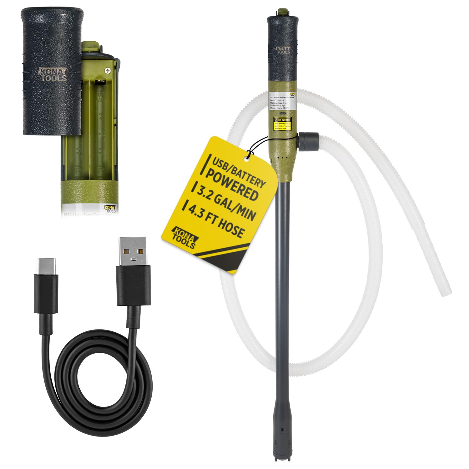 KONA TOOLS KTEP01USB Battery Powered and USB-C Plug In Fuel Transfer Stick Pump (3.2 GPM) with 51 Inch Corrugated Discharge Hose, On/Off Switch, and Built In Storage Hooks