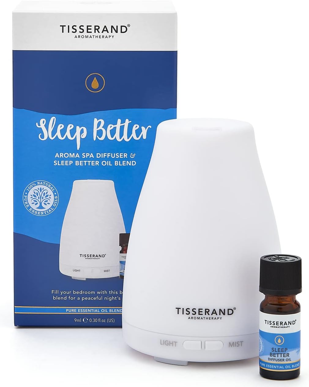 Tisserand - Sleep Better | Aroma Spa Diffuser with Lavender, Jasmine & Sandalwood Diffuser Oil | 100% Pure Essential Oil Diffuser Set | 1 x 9ml