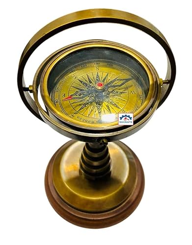 Vintage-Style Brass Gimbaled Compass on a Wooden Base - Nautical Desk Decor - Maritime Collectible Compass for Birthday Gift, Baptism Gift
